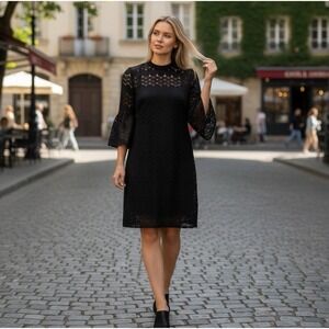 Trina Turk Twist Dress Womens 14 Black Lace Bell Sleeve Mock Shift Whimsigoth